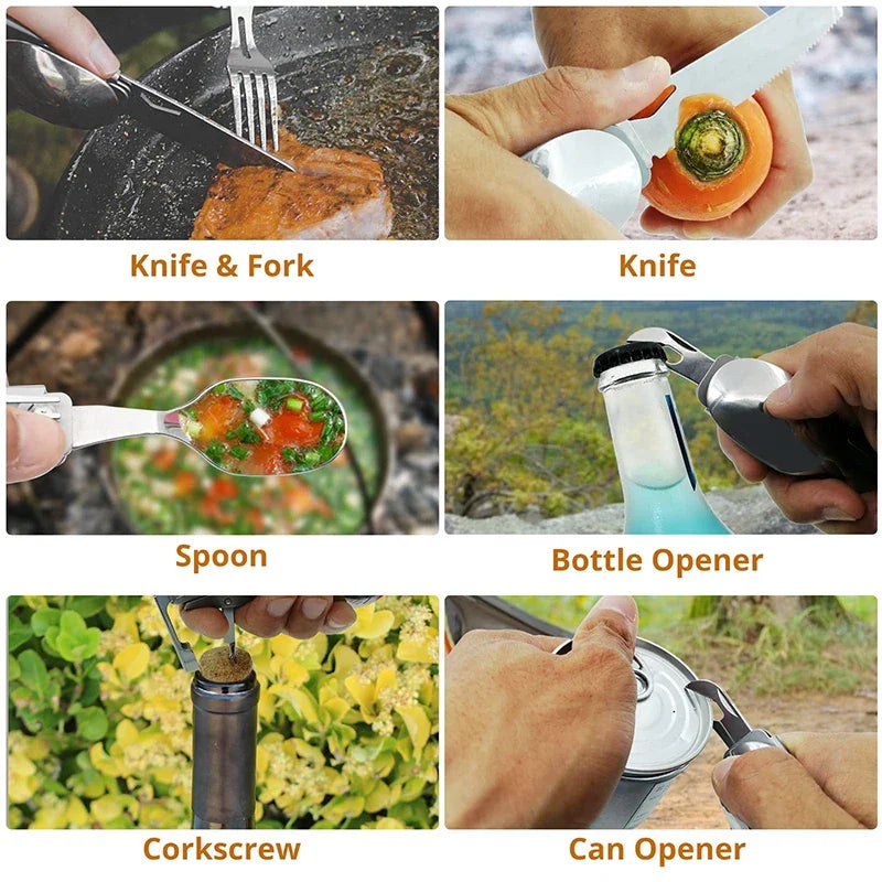 Folding Camping Cutlery Multi-function Portable Tableware Knife Spoon Fork Bottle Opener Can Opener Camping Equipment for Picnic