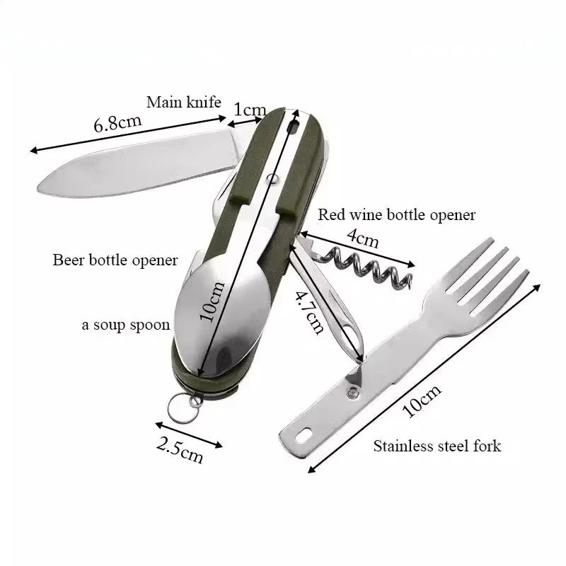 Outdoor 7-in-1 Camping Gear Portable Stainless Steel Spoon, Fork, Knife and Bottle Opener Combination Set Multi-purpose Tool