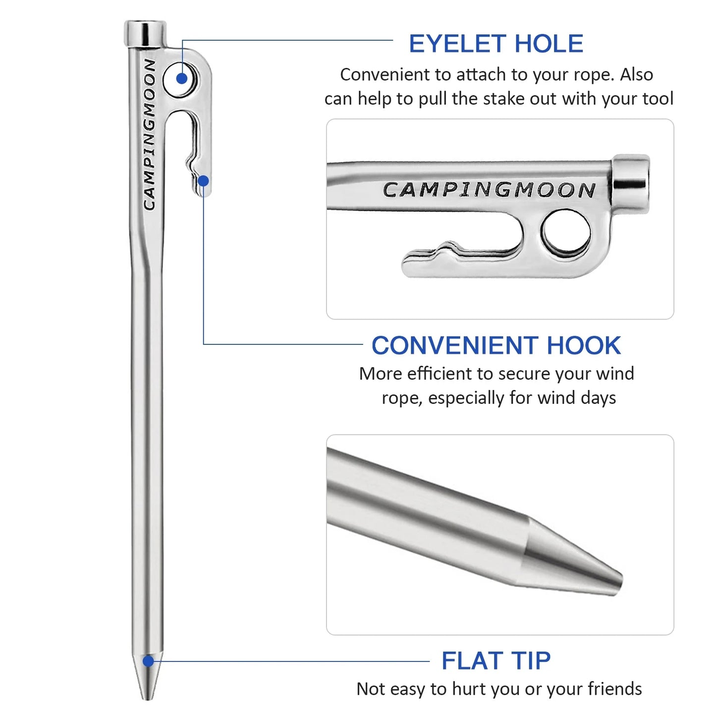 Campingmoon  Heavy Duty Steel Tent Stakes Pegs with Hook and Hole Design for Outdoor Backpacking Camping Tent Canopy