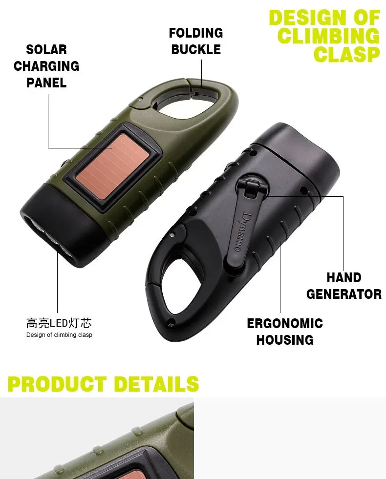 Portable LED Flashlight Hand Crank Dynamo Torch Lantern Professional Solar Power Tent Light for Outdoor Camping Mountaineering