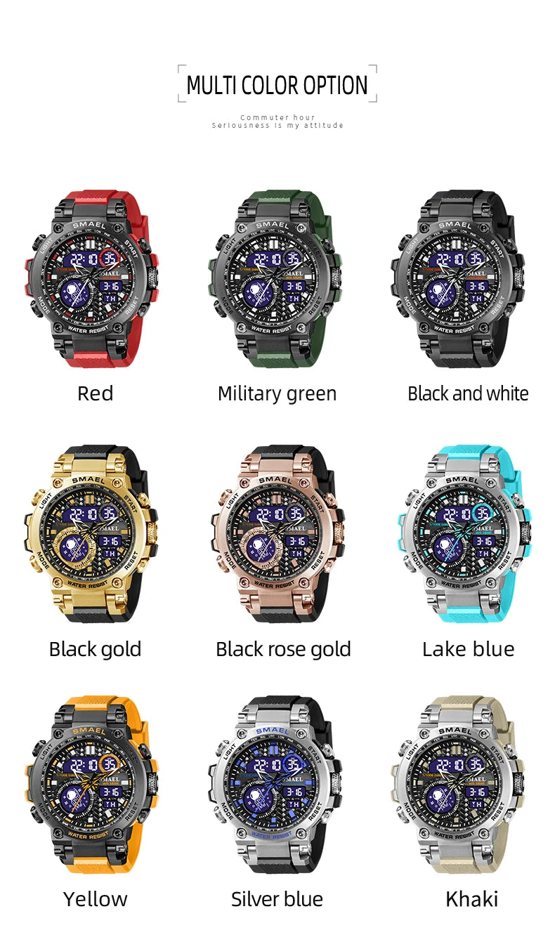 Tactical Digital Large dial Multi functional Alloy Dual Display Waterproof Men's Sports Electronic Watch