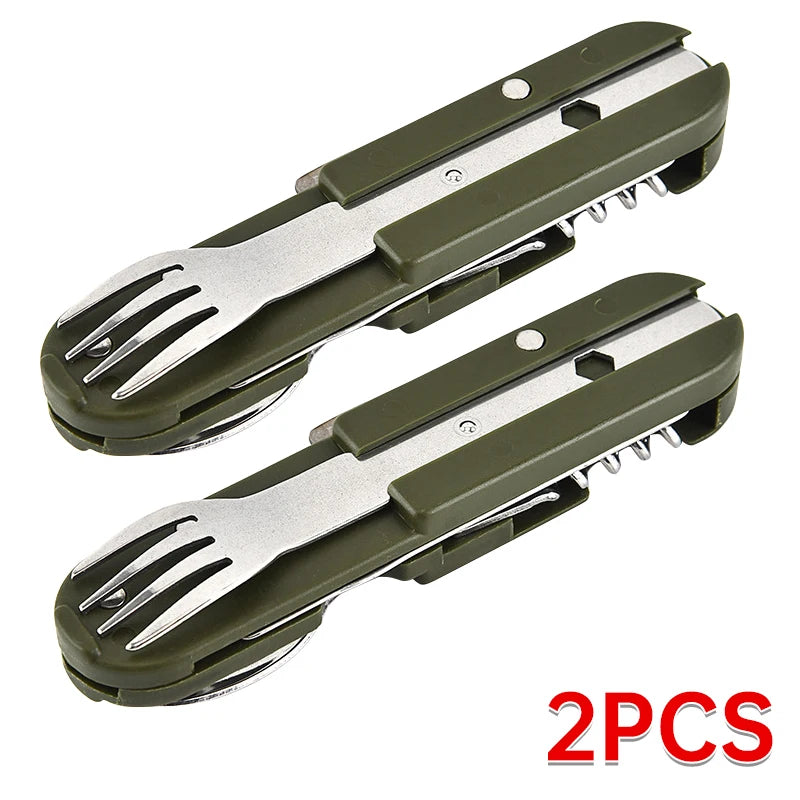 Outdoor 7-in-1 Camping Gear Portable Stainless Steel Spoon, Fork, Knife and Bottle Opener Combination Set Multi-purpose Tool