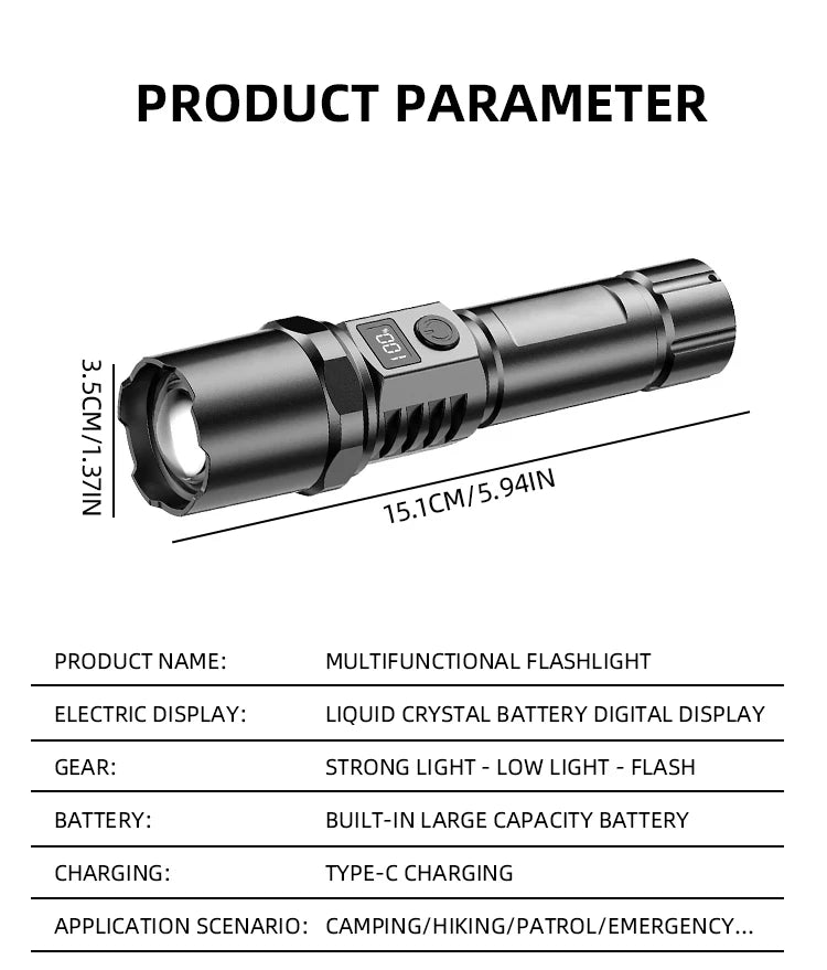 Multi-Functional Outdoor Bright LED RemoteTelescopic Zoom Flashlight, Plastic USB Rechargeable Flashlight