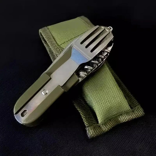 Outdoor 7-in-1 Camping Gear Portable Stainless Steel Spoon, Fork, Knife and Bottle Opener Combination Set Multi-purpose Tool