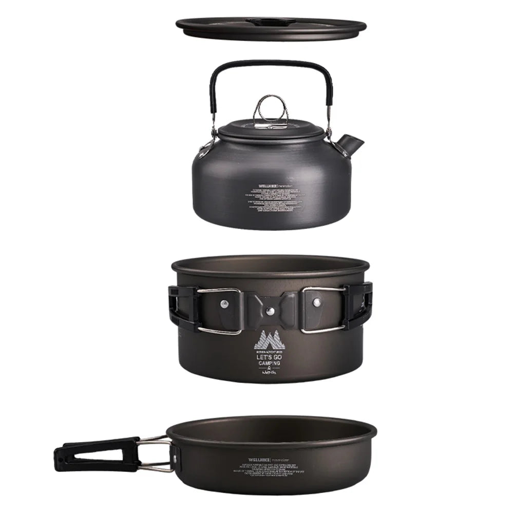 3Pcs/Set Camping Cookware Set Outdoor Pot Cooking Water Kettle Pan Set Portable Cookware Kit Tableware Hiking Picnic Equipment