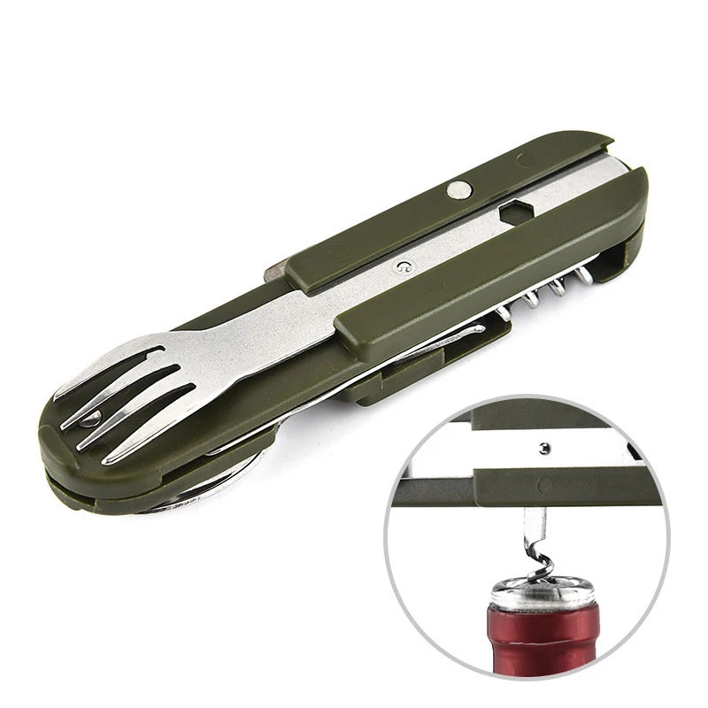 Outdoor 7-in-1 Camping Gear Portable Stainless Steel Spoon, Fork, Knife and Bottle Opener Combination Set Multi-purpose Tool