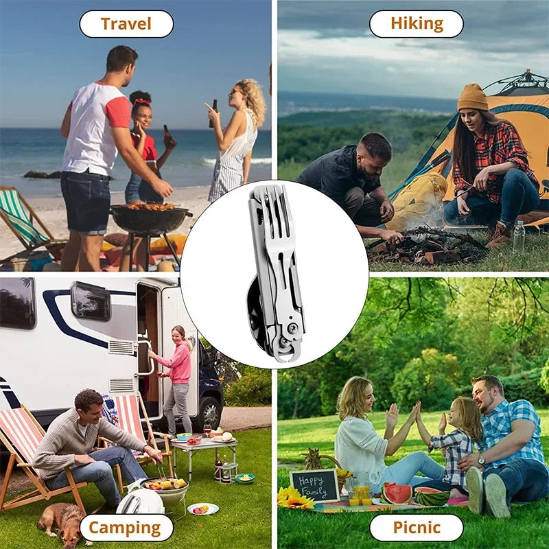 Folding Camping Cutlery Multi-function Portable Tableware Knife Spoon Fork Bottle Opener Can Opener Camping Equipment for Picnic