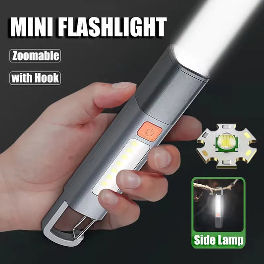 Strong Lighting ABS Flashlamp USB Charging Portable Outdoor Small Flashlight Camping Hanging Lamp Telescopic Focus COB Side Lamp