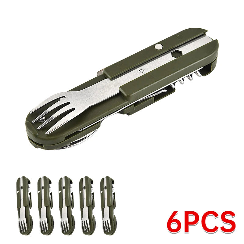 Outdoor 7-in-1 Camping Gear Portable Stainless Steel Spoon, Fork, Knife and Bottle Opener Combination Set Multi-purpose Tool