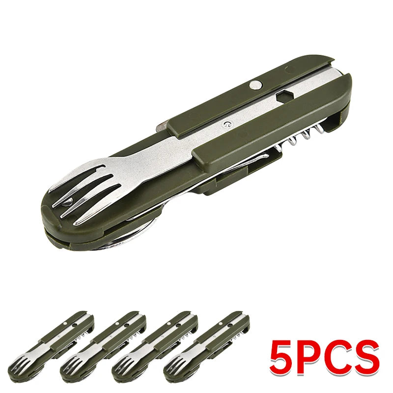 Outdoor 7-in-1 Camping Gear Portable Stainless Steel Spoon, Fork, Knife and Bottle Opener Combination Set Multi-purpose Tool