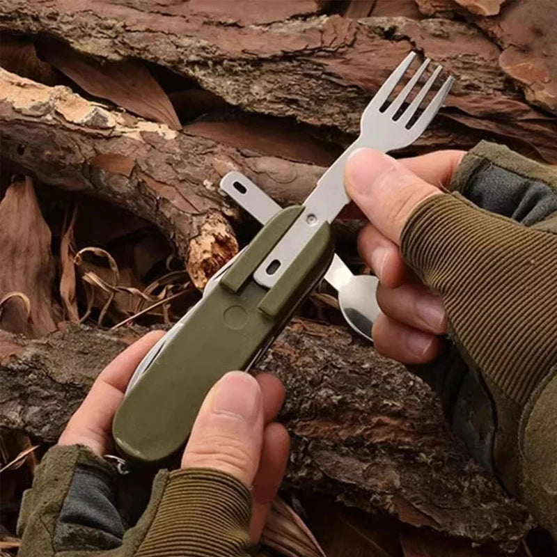 Outdoor 7-in-1 Camping Gear Portable Stainless Steel Spoon, Fork, Knife and Bottle Opener Combination Set Multi-purpose Tool