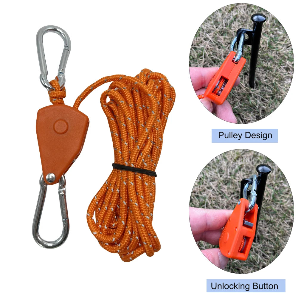 6Pcs 4mm Camping Tent Tie Down Rope Tightener Fastening Wind Rope Buckle Pulley Ratchet Hangers Awning Rope Hook Tie Down Strap