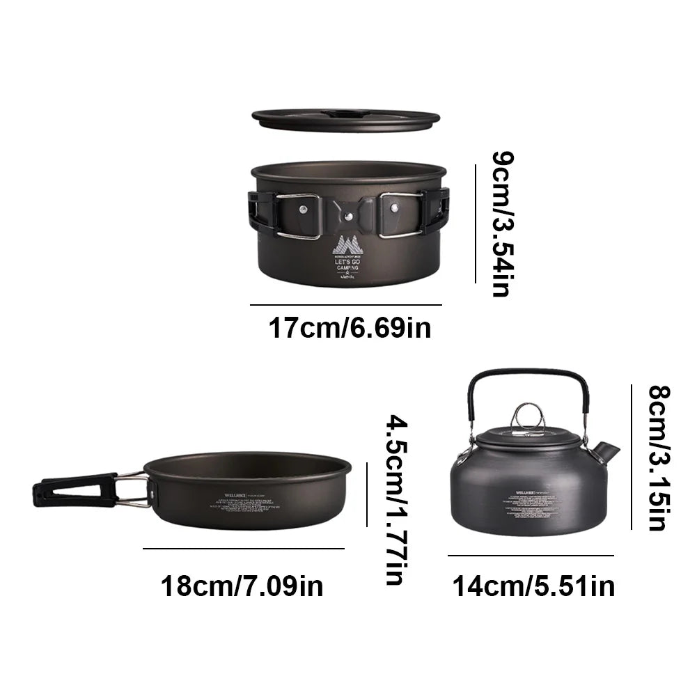 3Pcs/Set Camping Cookware Set Outdoor Pot Cooking Water Kettle Pan Set Portable Cookware Kit Tableware Hiking Picnic Equipment