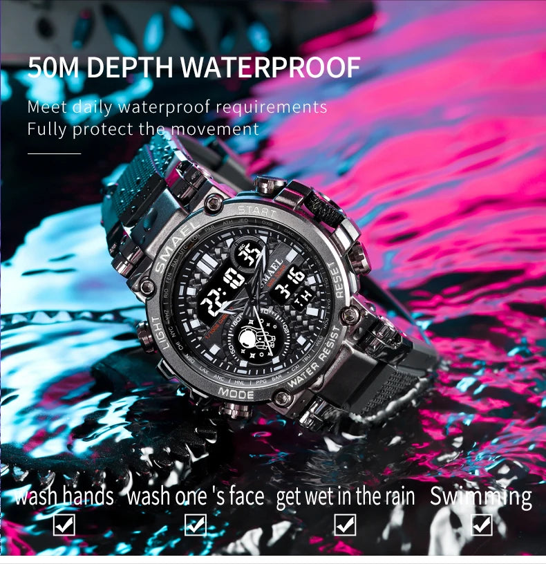 Tactical Digital Large dial Multi functional Alloy Dual Display Waterproof Men's Sports Electronic Watch