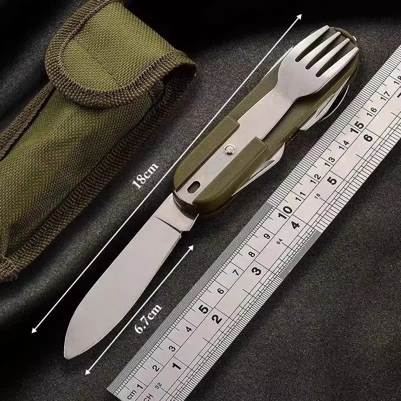 Outdoor 7-in-1 Camping Gear Portable Stainless Steel Spoon, Fork, Knife and Bottle Opener Combination Set Multi-purpose Tool