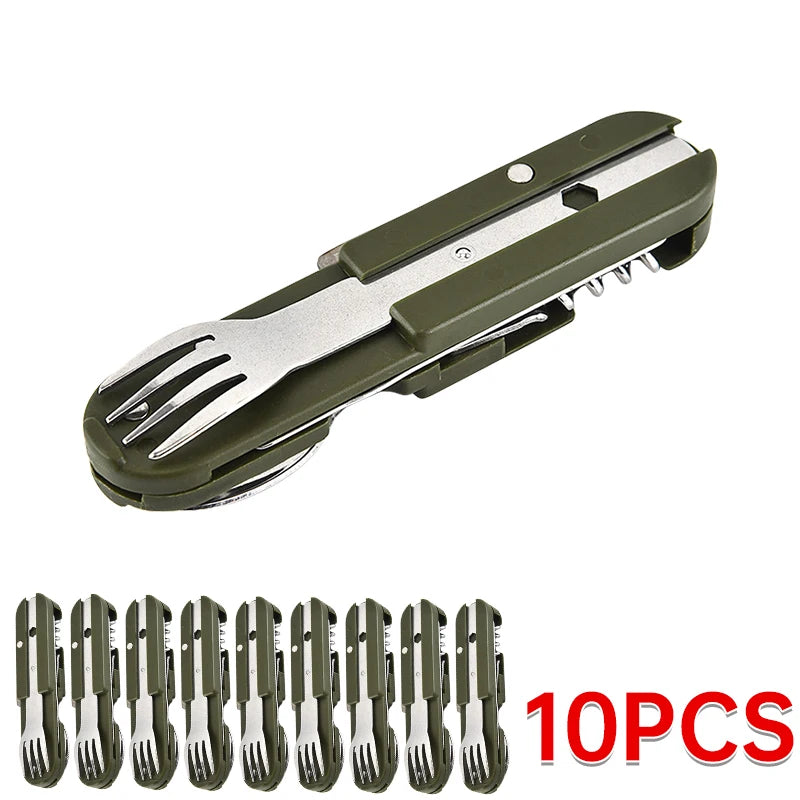 Outdoor 7-in-1 Camping Gear Portable Stainless Steel Spoon, Fork, Knife and Bottle Opener Combination Set Multi-purpose Tool