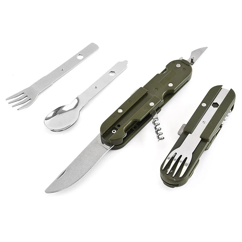 Outdoor 7-in-1 Camping Gear Portable Stainless Steel Spoon, Fork, Knife and Bottle Opener Combination Set Multi-purpose Tool